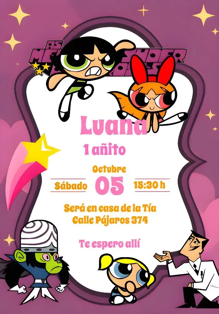 Invitación Las Chicas Superpoderosas Infantil – tema Cumpleaños Infantil colorido, divertido, infantil, moderno, lúdico