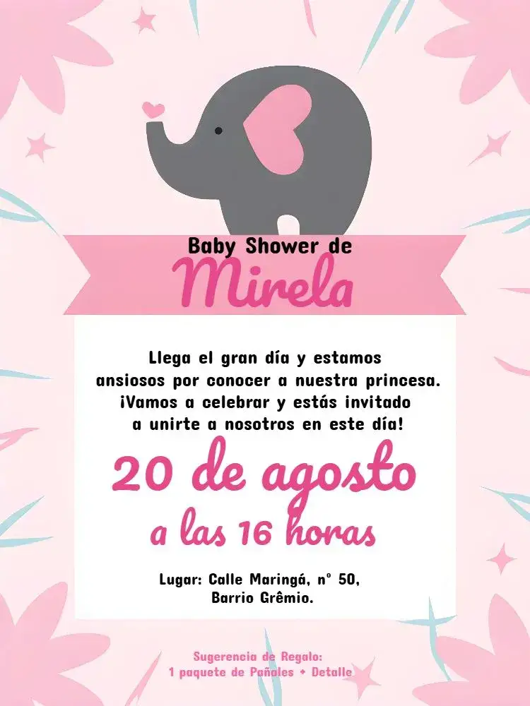 Invitación Baby Shower Elefantita Elefante – tema Baby Shower rosa, gris, blanco, rayas, infantil, moderno