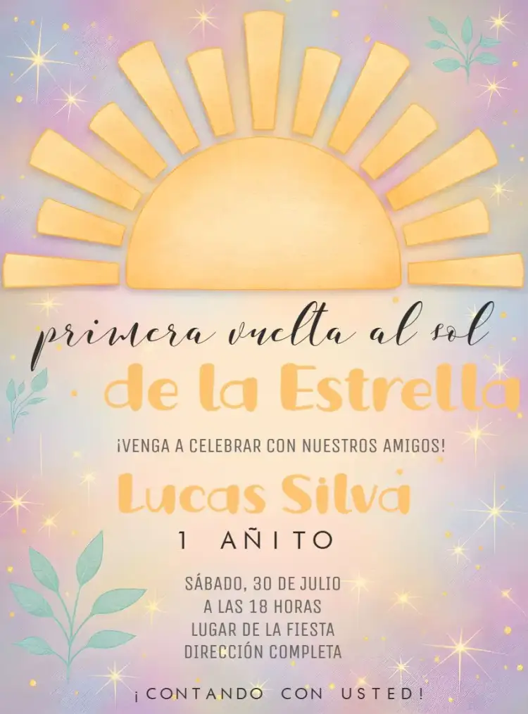 Invitación Primer Año al Sol Días – tema Primera Comunión amarillo, solar, infantil, divertido, colorido, alegre