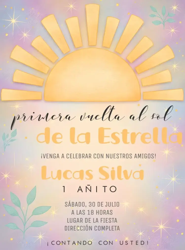 Invitación Primer Año al Sol Días editable y personalizable