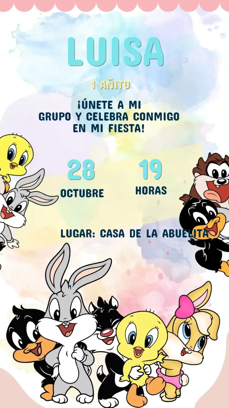 Invitación Invitación Cumpleaños Baby Looney Tunes – tema Cumpleaños Infantil colorido, divertido, lúdico, animado, infantil
