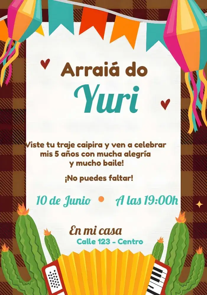 Invitación Arraial Festa Junina Infantil – tema Fechas Conmemorativas colorido, divertido, tradicional, infantil, festivo, alegre
