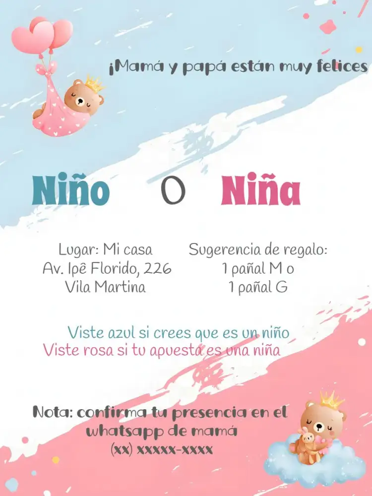 Invitación Baby Shower Ositos Niño – tema Revelación Bebé azul, ositos, divertido, moderno, infantil