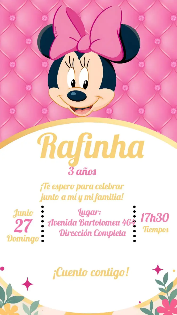 Invitación Minnie Mouse – tema Cumpleaños Infantil rosa, Disney, divertido, infantil, temático