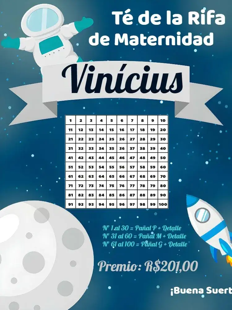 Invitación Té Rifa Astronauta Niño – tema Té Rifa espacial, moderno, colorido, divertido, infantil