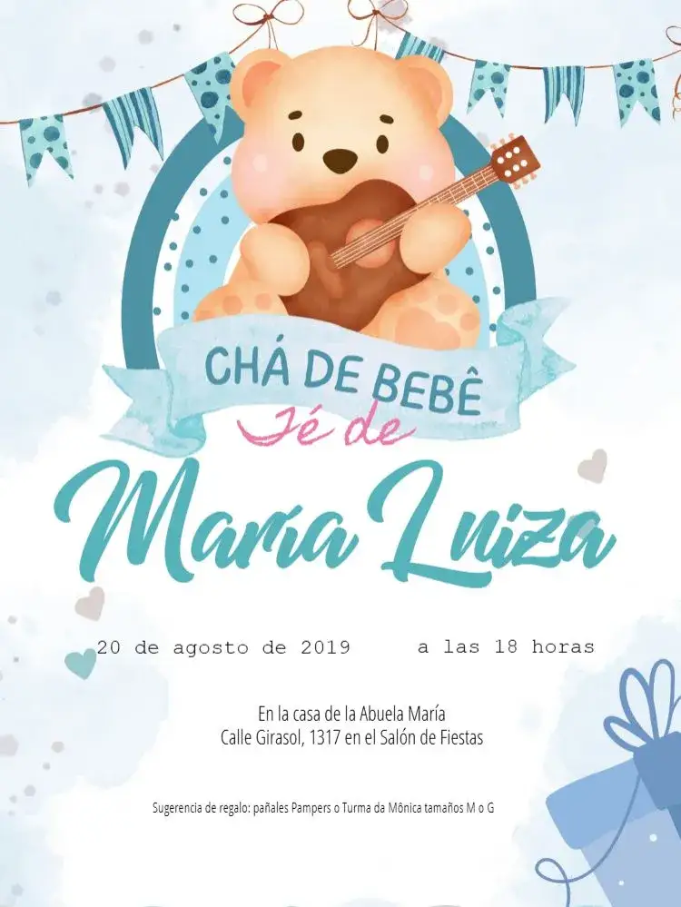Invitación Baby Shower Oso y Guitarra Digital – tema Baby Shower colorido, infantil, tierno, divertido, moderno, ilustrativo