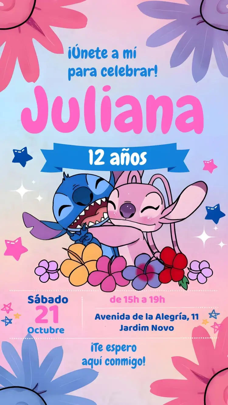 Invitación Stich Y Angel Azul