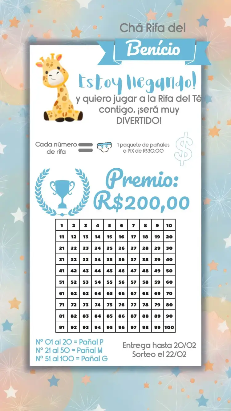 Invitación Chá Rifa Girafa Cha – tema Té Rifa safari, azul y blanco, nubes, estrelinhas, lúdico