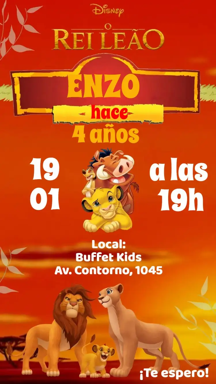 Invitación El Rey León – tema Cumpleaños Infantil selva, animales, vibrante, colorido, divertido, temática de Disney