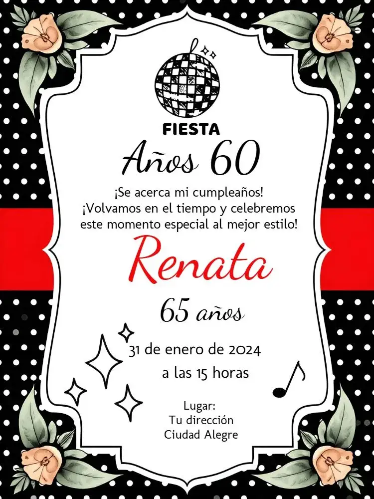 Invitación Anos 60 Discoteca – tema Cumpleaños vintage, colorido, retro, musical, divertido