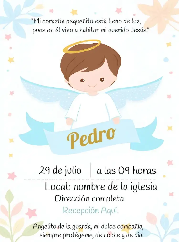 Invitación Bautizo Recepción Ángel – tema Bautismo azul, angelitos, delicado, moderno, festivo, encantador