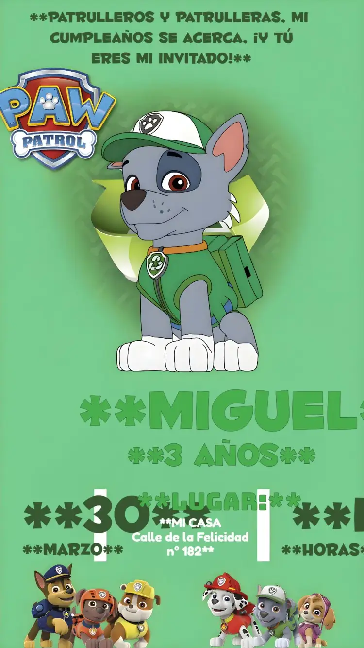 Invitación Patrulla Canina Rocky Chase – tema Cumpleaños Infantil colorido, divertido, infantil, animado, temático