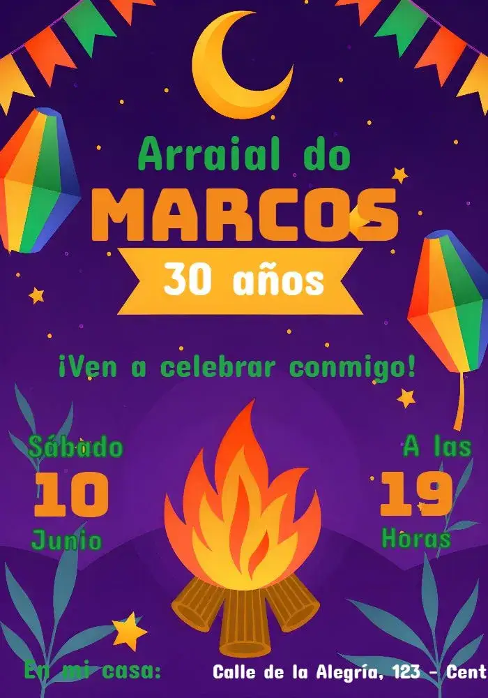 Invitación Arraial Festa Junina São – tema Fechas Conmemorativas colorido, tradicional, festivo, vintage, divertido, rústico