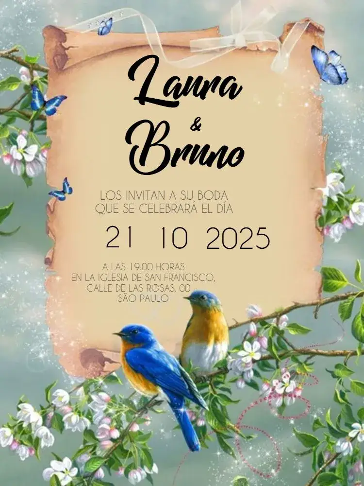 Invitación Boda Floral Pájaros Para Editar Personalizado – tema Boda floral, moderno, elegante, delicado, preto e branco, minimalista