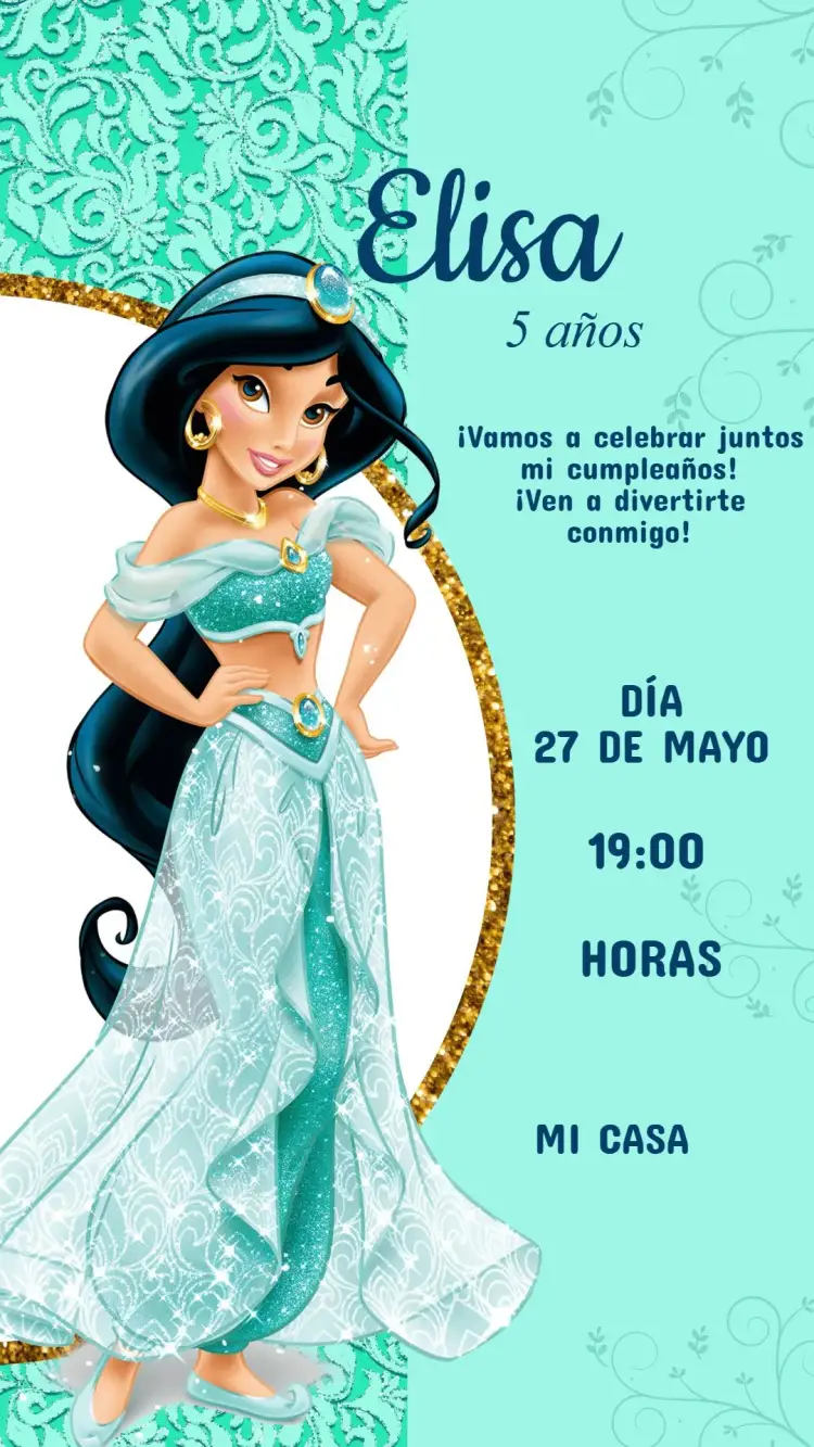 Invitación Invitación Cumpleaños Princesa Jasmine – tema Cumpleaños Infantil colores vibrantes, estilo oriental, elementos mágicos, detalles florales, diseño lúdico, inspirado en cuentos de hadas