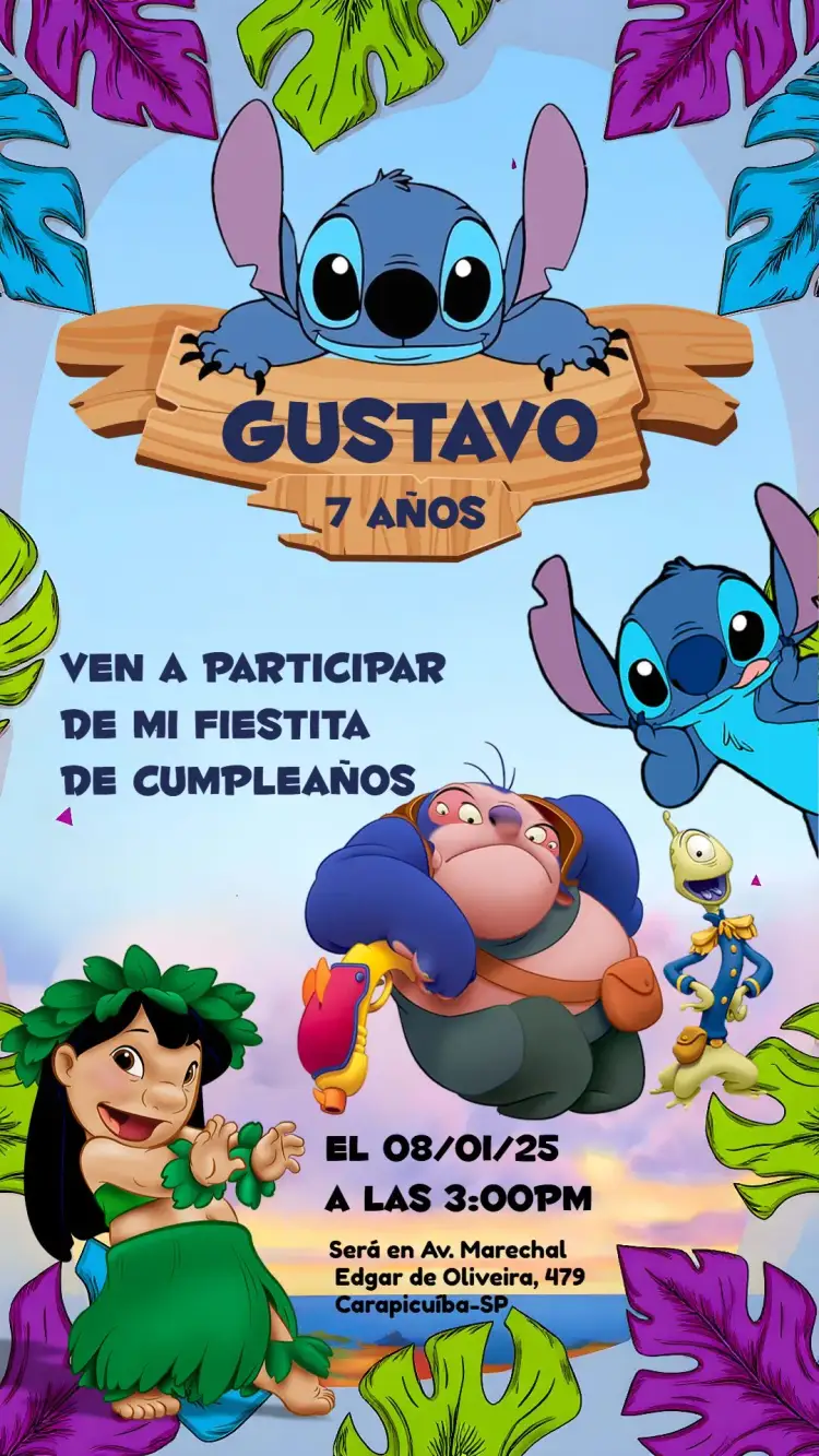 Invitación Lilo Y Stitch Hawai – tema Más buscados colorido, tropical, divertido, animado, praiano, caracteres de desenho