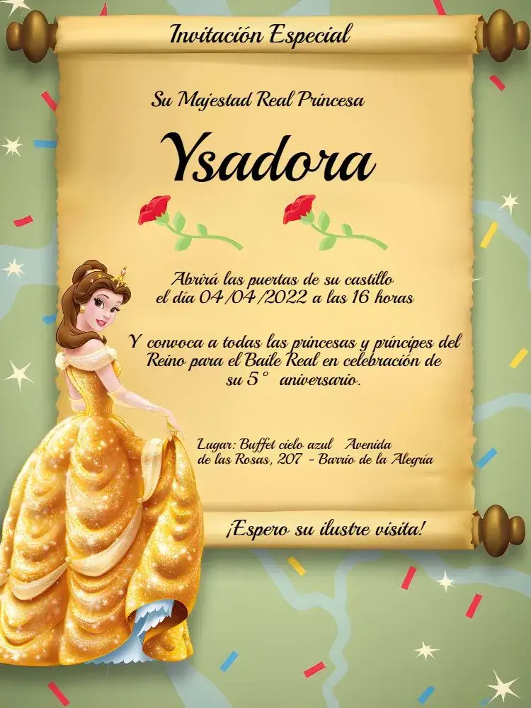 Invitación La Bella y la Bestia Niña – tema Bautismo colorido, infantil, temático, Disney, encantado, lúdico