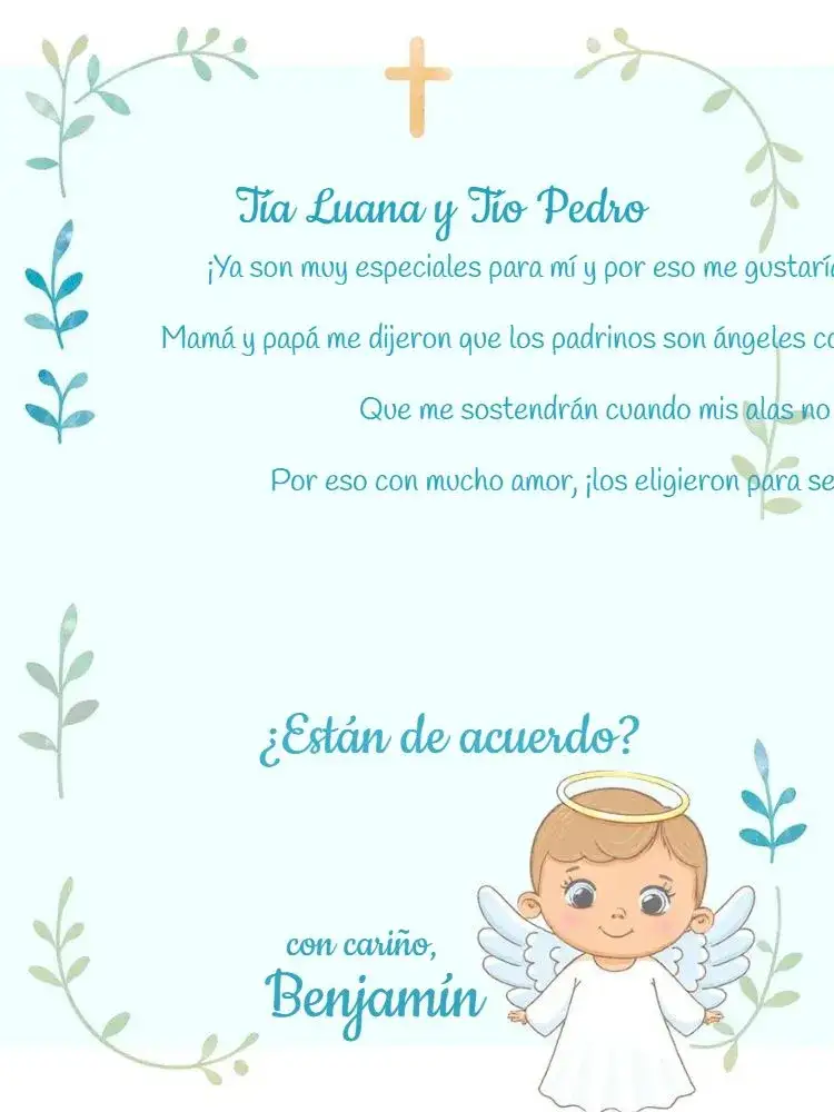 Invitación Padrinos De Bautismo Angelito Niño – tema Bautismo azul, blanco, angelitos, moderno, religioso, delicado
