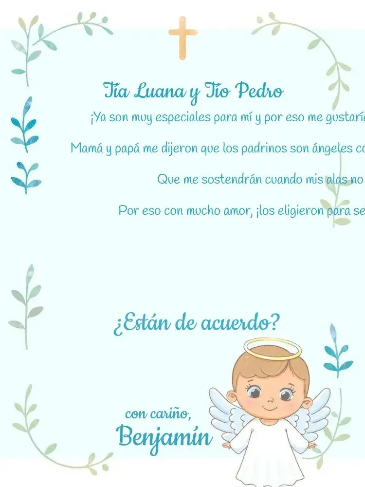 Invitación Padrinos De Bautismo Angelito Niño editable y personalizable