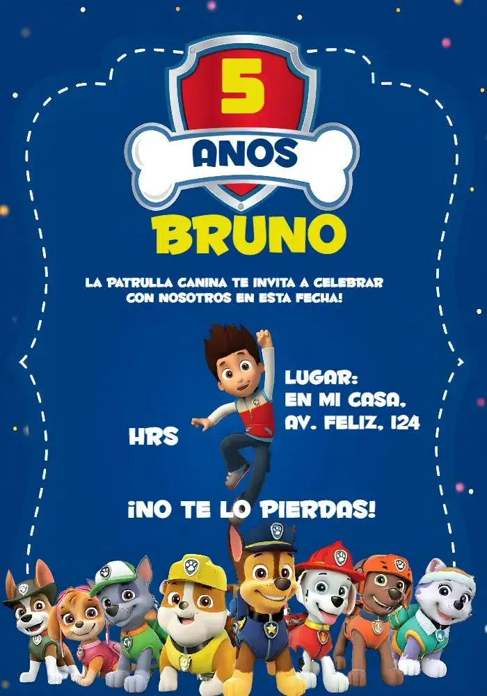 Invitación Patrulla Canina Rojo – tema Cumpleaños Infantil rojo vibrante, azul claro, blanco, moderno, divertido, temática de aventura