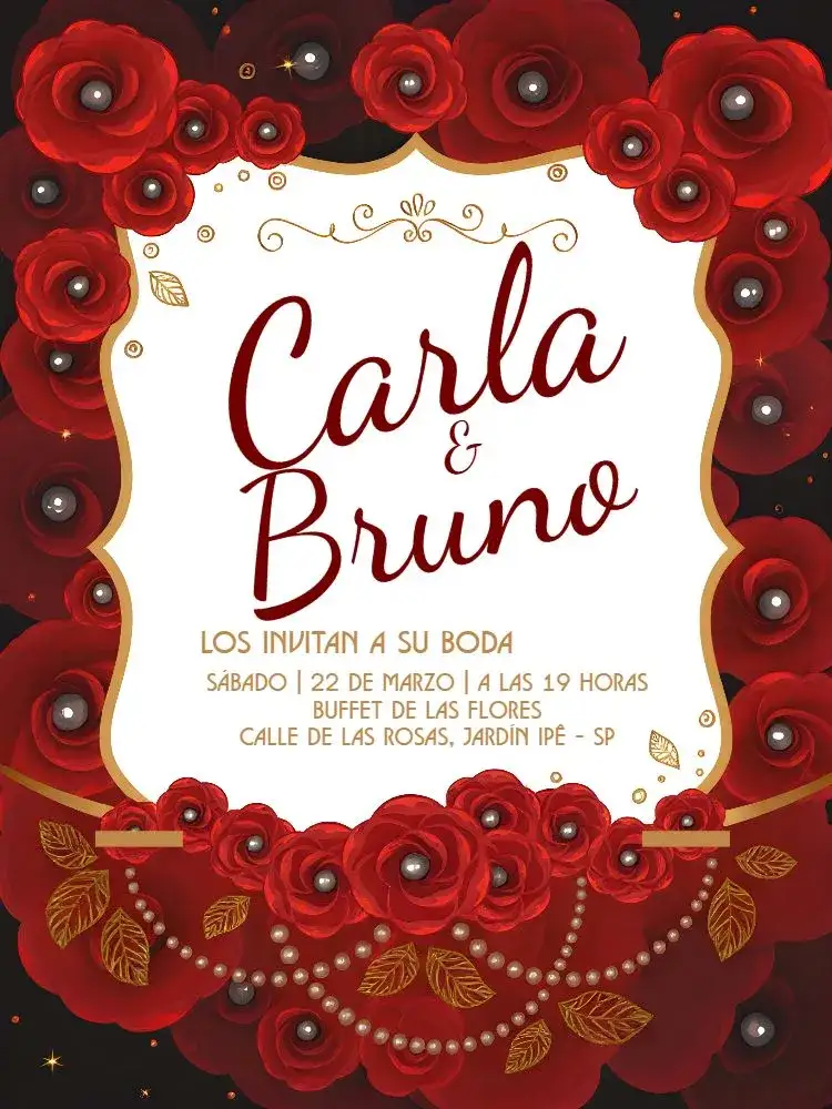 Invitación Boda Flores Rojas Rosas – tema Boda floral, romántico, elegante, vibrante, moderno