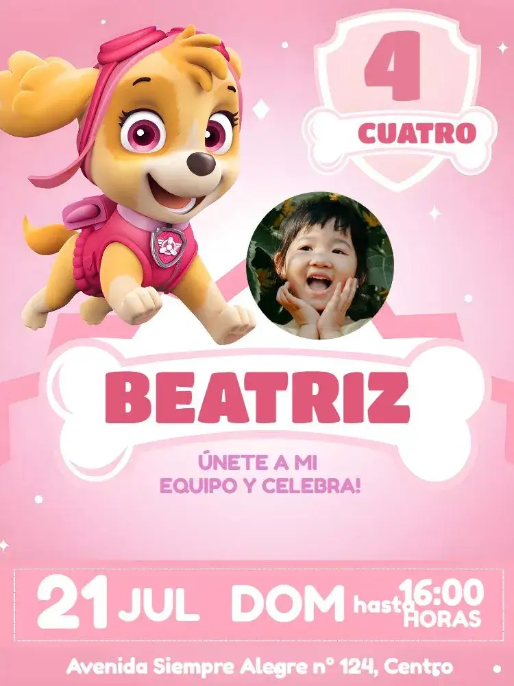 Invitación Skye Patrulla Canina Con Foto Rosa – tema Cumpleaños Infantil rosa, divertido, colorido, infantil, personaje, moderno