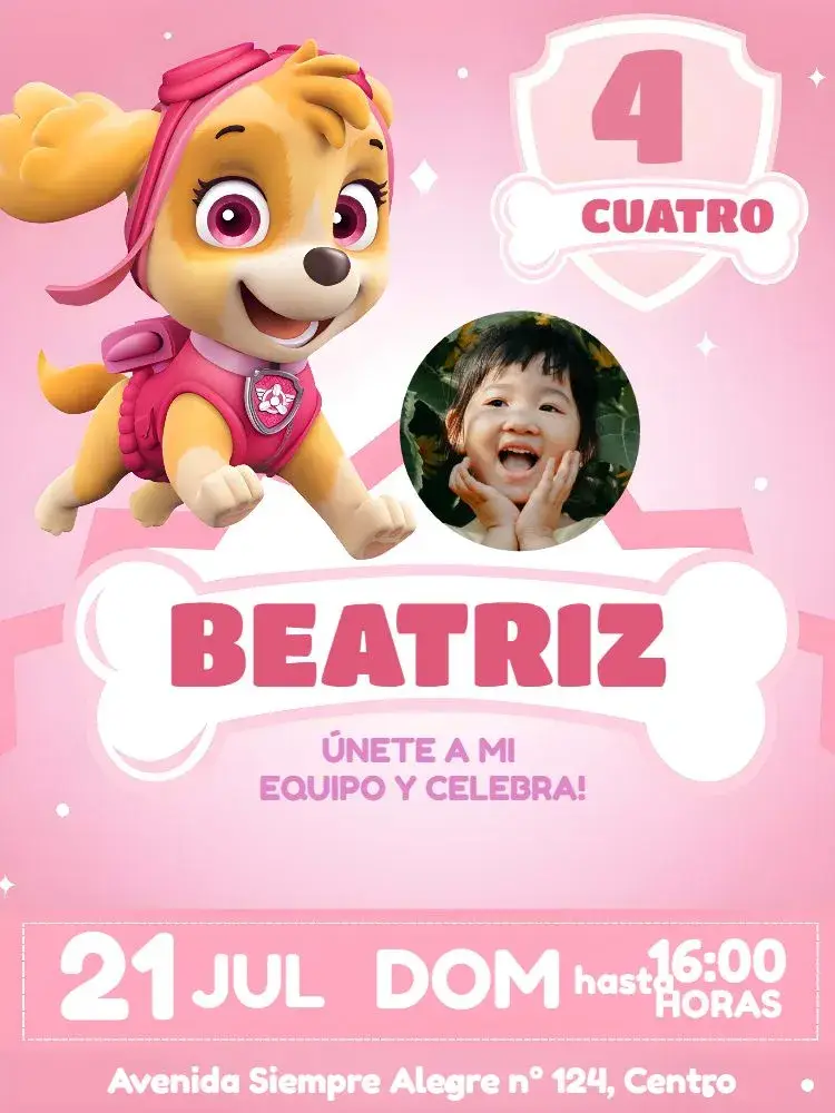 Invitación Skye Patrulla Canina Con Foto Rosa
