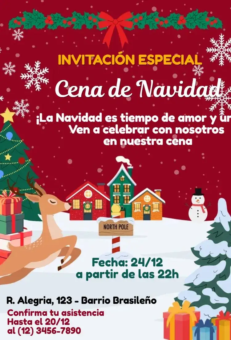 Invitación La Cena de Navidad – tema Fechas Conmemorativas rojo y verde, dorado, floral, rústico, minimalista, vintage