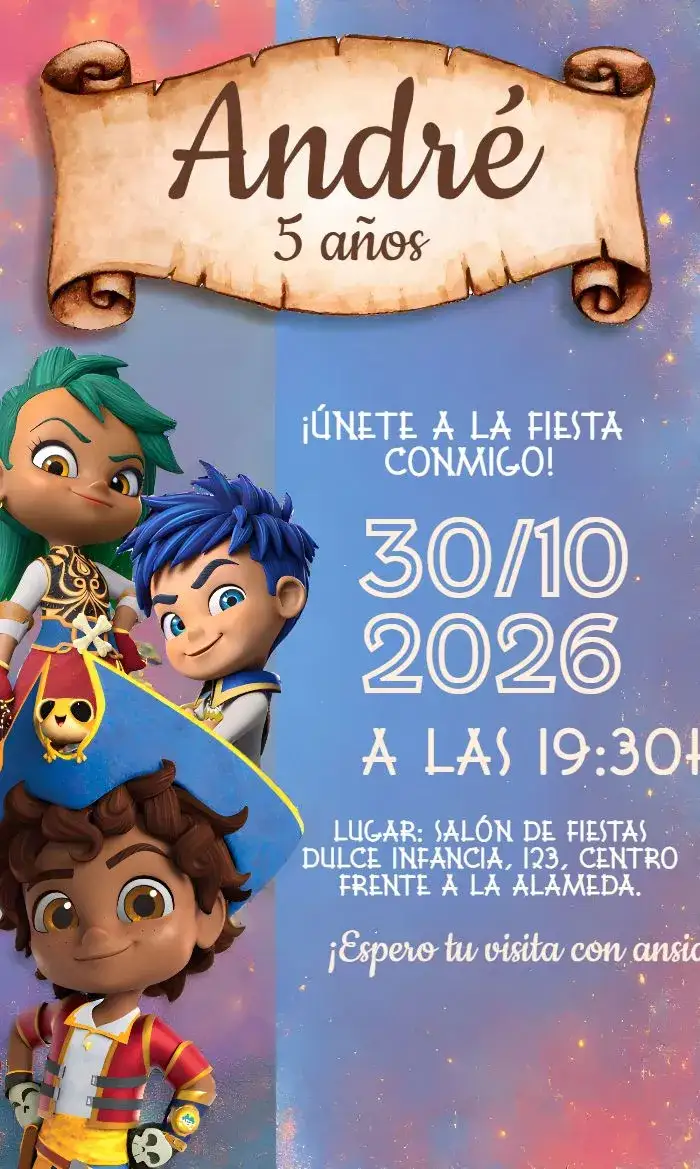Invitación Santiago Dos Mares Navío – tema Fechas Conmemorativas naval, aventura, marino, colorido, infantil, lúdico