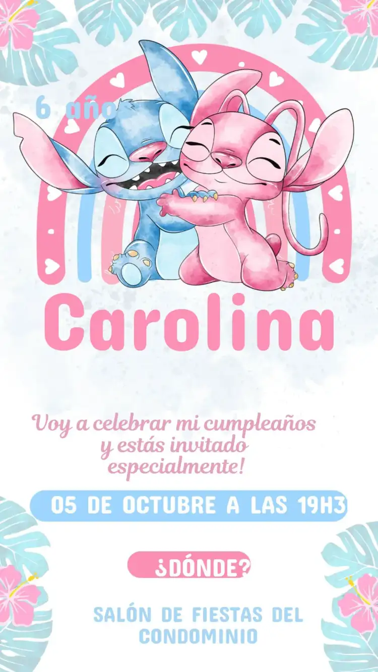 Invitación Cumpleaños Infantil Stich Angel para Editar