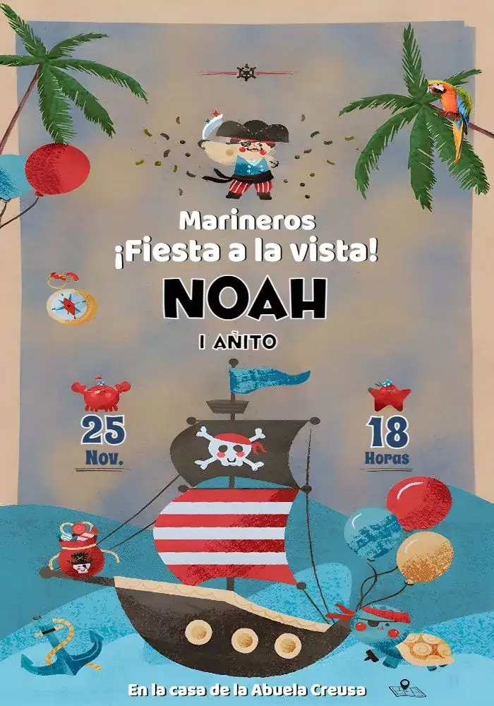 Invitación Barco Pirata – tema Más buscados colorido, lúdico, naval, aventura, fantasía, infantil
