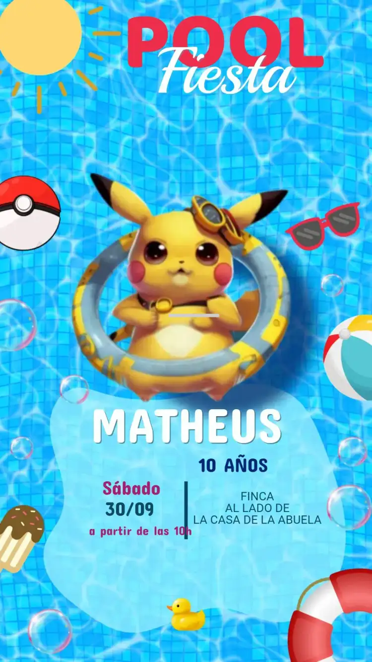 Invitación Digital Cumpleaños Pokémon Pool Party