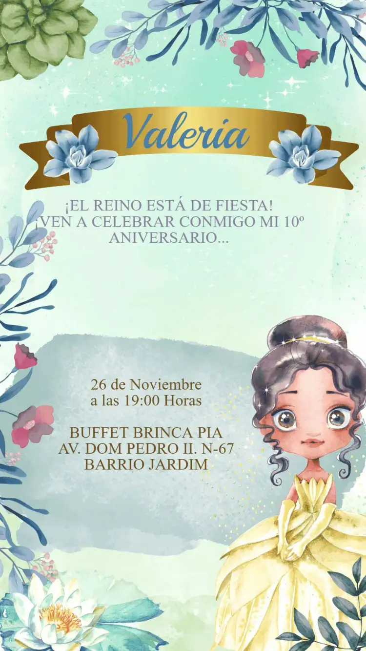 Invitación Invitación Cumpleaños Princesa Tiana y el sapo – tema Cumpleaños Infantil colorido, temático, mágico, divertido, encantado