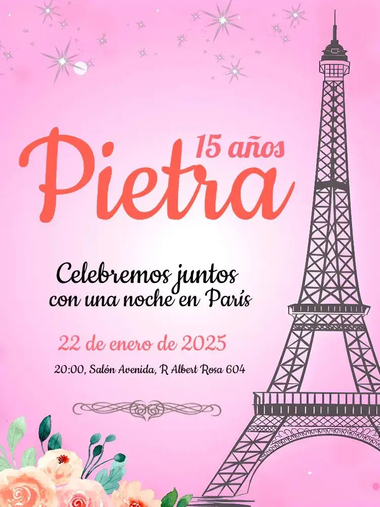 Invitación 15 Años Torre de París – tema 15 años elegante, floral, moderno, rosa y negro, París, festivo