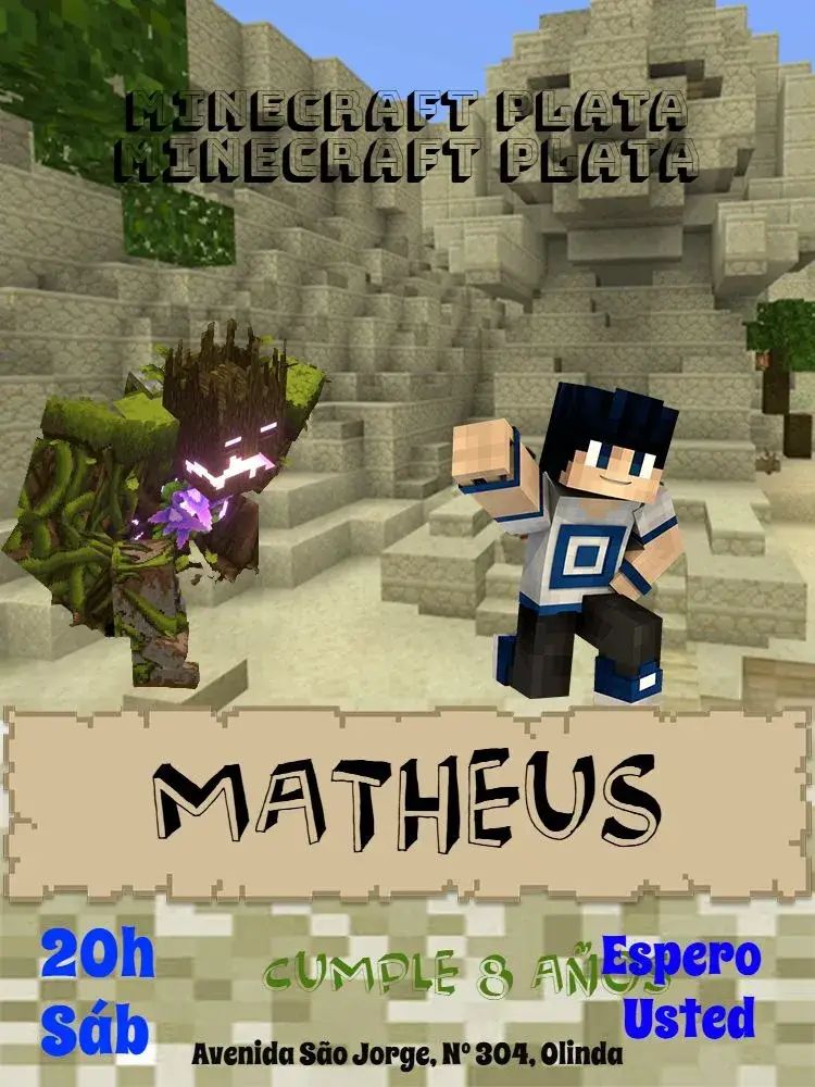 Invitación Minecraft Gris editable y personalizable