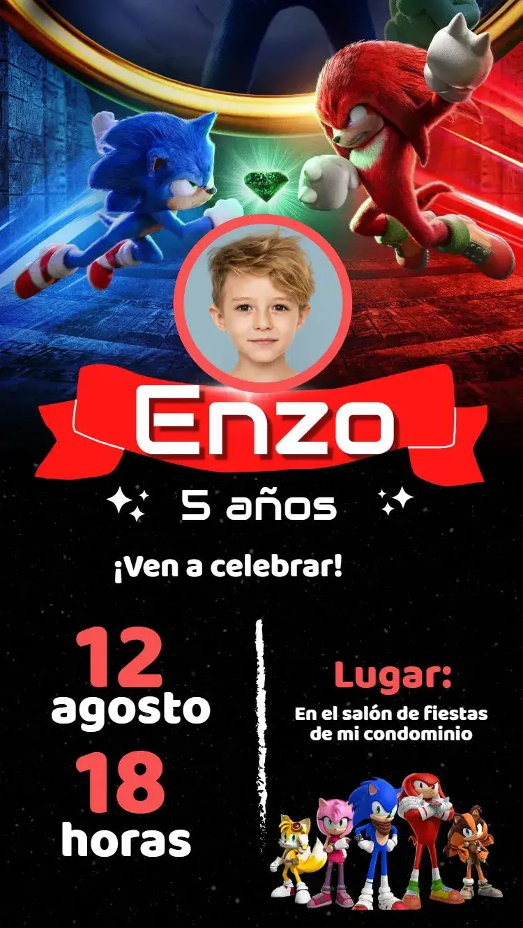 Invitación Sonic – tema Cumpleaños Infantil personajes animados, espacial