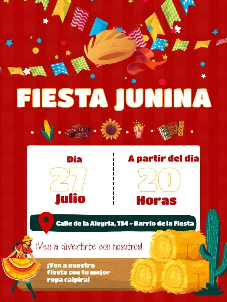 Invitación Arraiá São – tema Fechas Conmemorativas colorido, rústico, tradicional, festivo, vintage, brincalhão