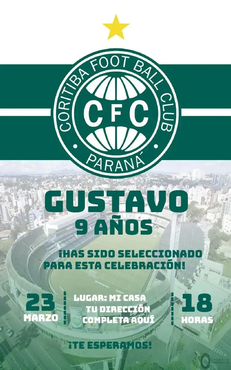 Invitación Coritiba – tema Cumpleaños verde y blanco, fútbol, moderno, dinámico, deportivo