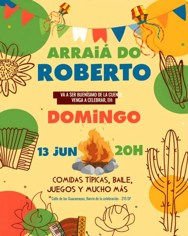 Invitación Arraiá San Juan Naranja – tema Fechas Conmemorativas vibrante, colorido, tradicional, festivo, nordestino, alegre