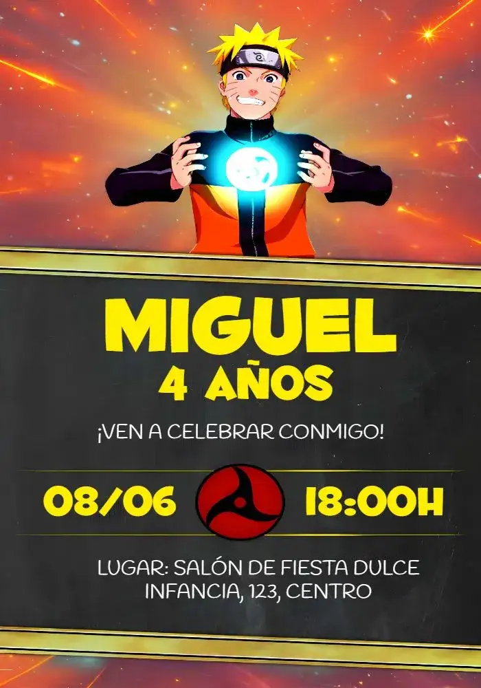 Invitación Naruto Shippuden – tema Cumpleaños Infantil ninja, anime, colorido, moderno, divertido, jovem