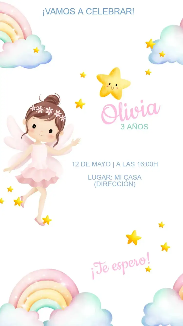 Invitación Invitación Cumpleaños Hada – tema Cumpleaños Infantil colores pasteles, fantasía, elementos de hadas, ilustraciones lúdicas, estilo encantado, detalles florales