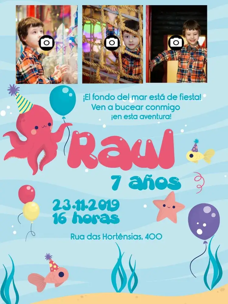 Invitación Fondo Del Mar Con Collage De Fotos – tema Cumpleaños Infantil azul marino, colorido, divertido, tropical, infantil, fotográfico