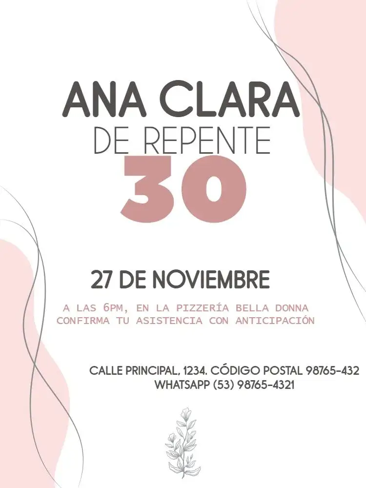 Invitación Repente 30 Delicado Claro – tema Cumpleaños Infantil delicado, claro, femenino, elegante, moderno
