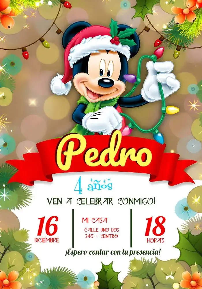Invitación Mickey Mouse Navidad Niño – tema Fechas Conmemorativas colorido, festivo, infantil, Disney, navideño