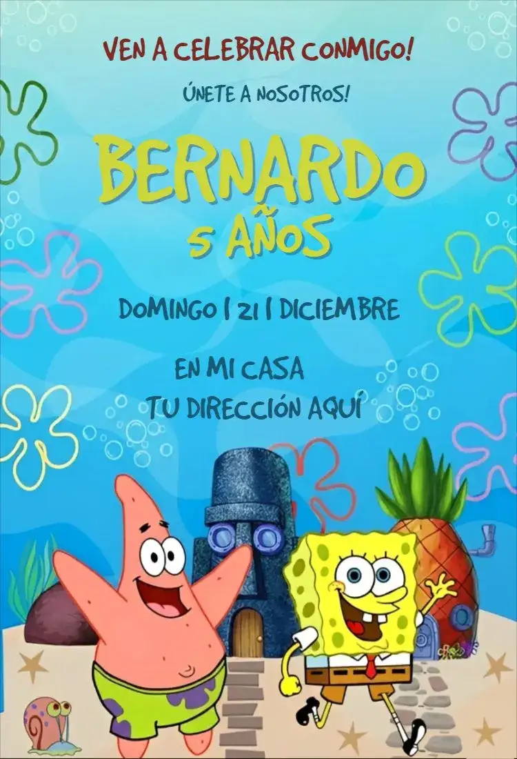 Invitación Bob Esponja – tema Cumpleaños Infantil colorido, divertido, azul marino, alegre, infantil, temático