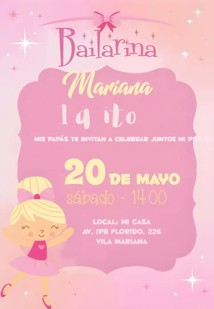 Invitación De la Bailarina Diney – tema Cumpleaños Infantil rosa, colorido, ballet, princesas, festivo, divertido