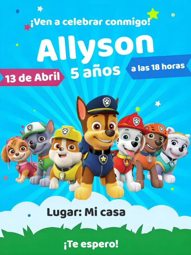Invitación Fiesta Patrulla Canina – tema Cumpleaños Infantil colorido, divertido, temático, infantil, animado