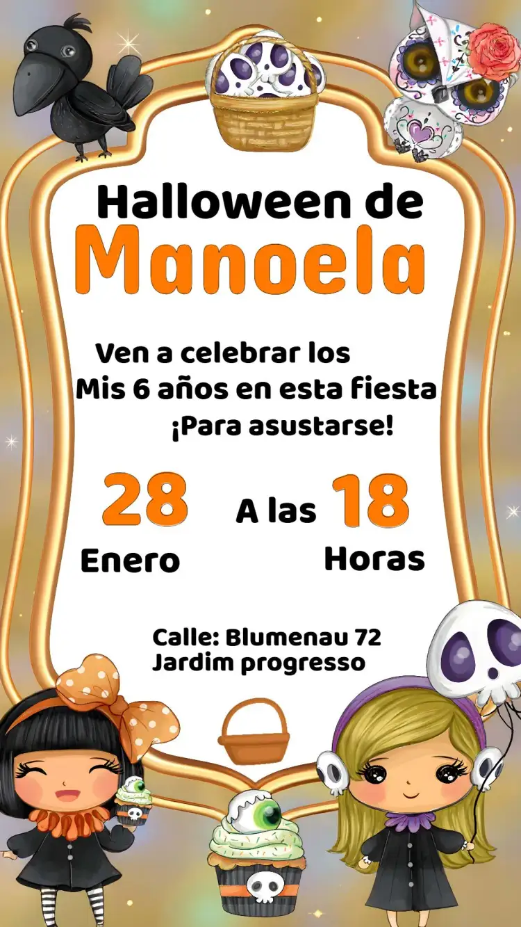 Invitación Halloween Chica Das – tema Fechas Conmemorativas negro y naranja, temática de Halloween, elementos gráficos de cupcakes, diseño infantil, estilo divertido, atmósfera mágica