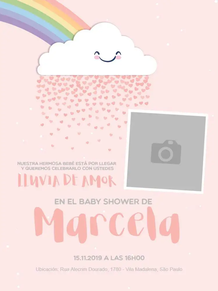 Invitación Baby Shower Amor – tema Baby Shower rosa, nubes, lluvia, amor, arcoíris, corazón
