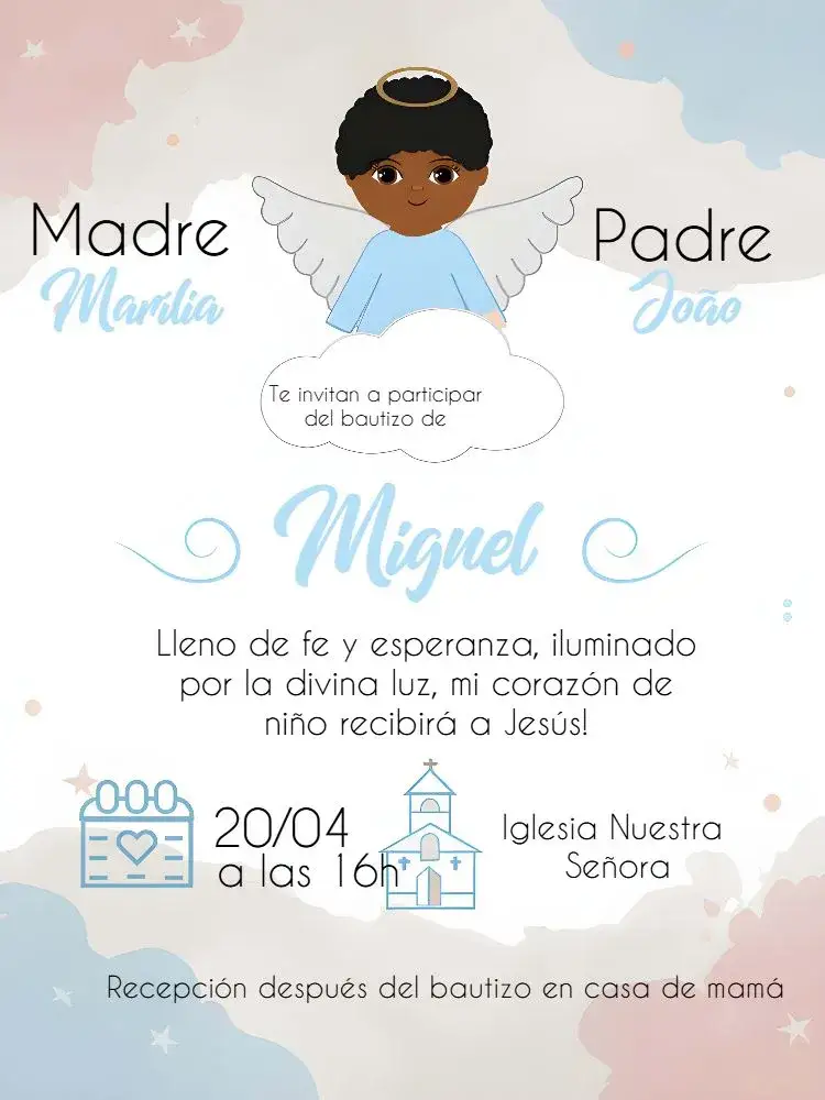 Invitación Bautizo Iglesia – tema Bautismo azul, blanco, negro, angelitos, moderno, elegante